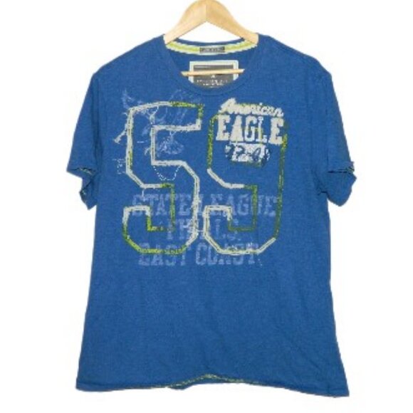 2 for/$25 American Eagle Vintage Fit Embroidered Logo Blue Tee Shirt Size Large - Picture 2 of 10